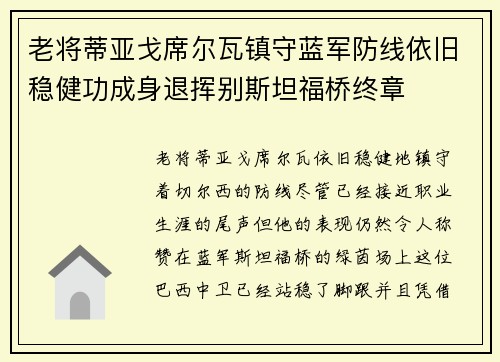 老将蒂亚戈席尔瓦镇守蓝军防线依旧稳健功成身退挥别斯坦福桥终章