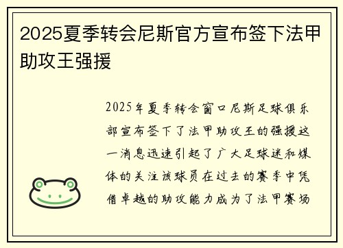 2025夏季转会尼斯官方宣布签下法甲助攻王强援